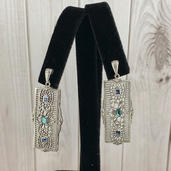 Hand Crafted Natural 1CT TW Apatite & Sapphire 925 Sterling Filigree Earrings - Picture 1 of 6